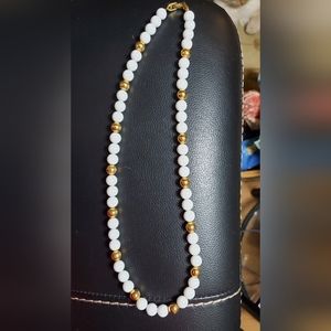 PullNapier Vintage White and Gold Tone Bead Necklace  25” long Signed